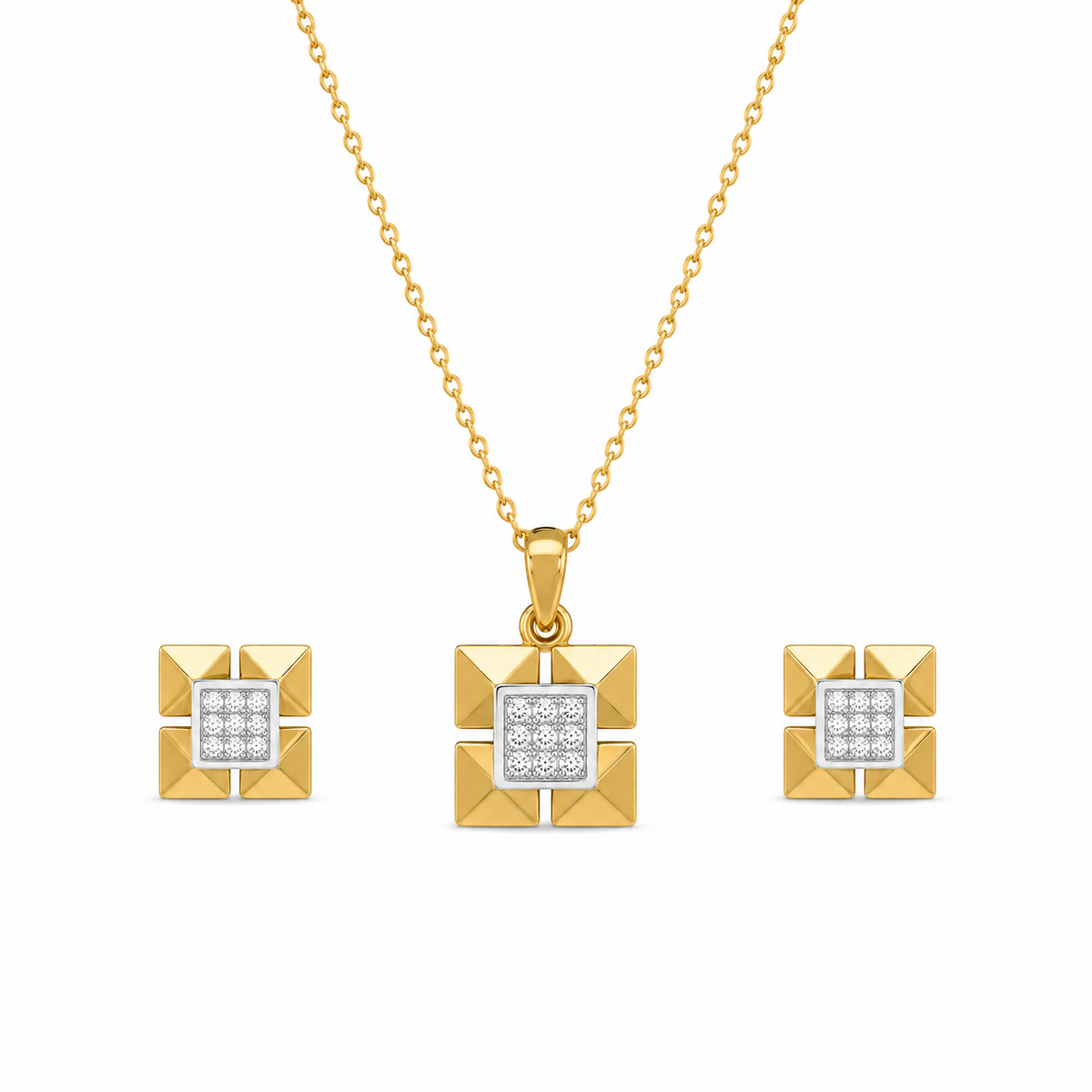 Geometric Diamond Stud Earrings and Matching Pendant Set
