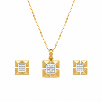Geometric Diamond Stud Earrings and Matching Pendant Set