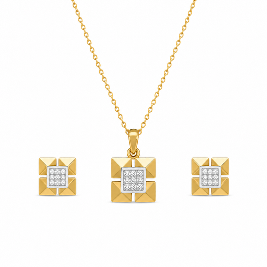 Geometric Diamond Stud Earrings and Matching Pendant Set