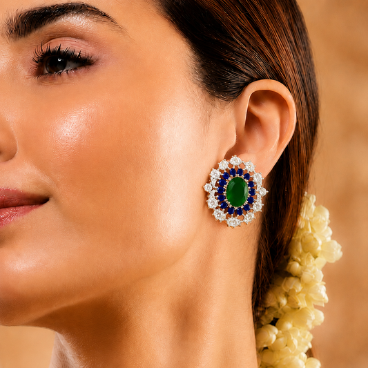 Sovereign Empress Emerald & Blue Stone Halo Earrings