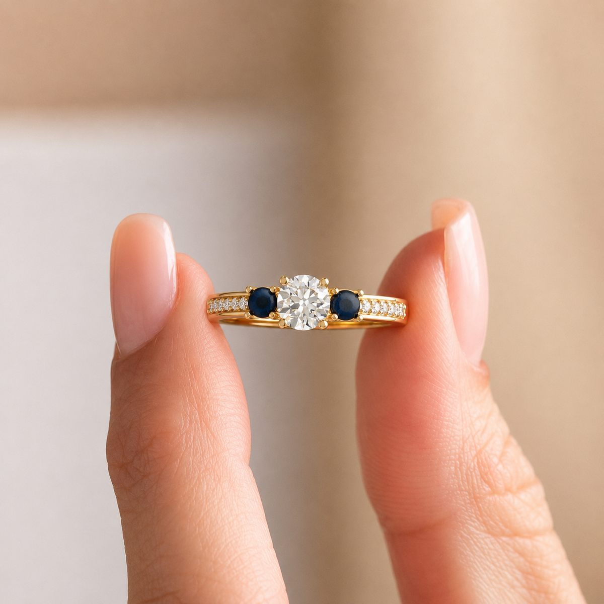 Three-Stone Moti and Diamond Engagement Ring