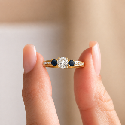 Three-Stone Moti and Diamond Engagement Ring
