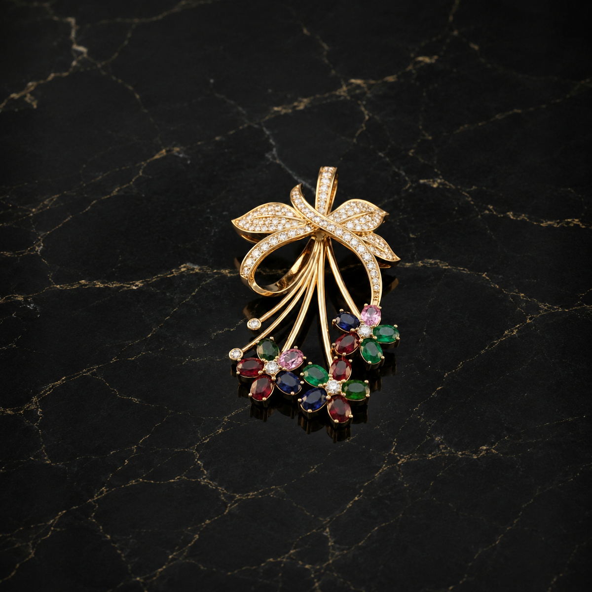 The Floral Bouquet Multi-Gemstone & Diamond Statement Pendant Cum Brooch