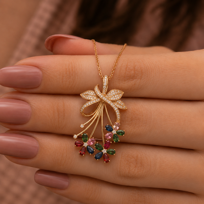 The Floral Bouquet Multi-Gemstone & Diamond Statement Pendant Cum Brooch