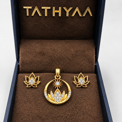 Prismatic Lotus Bloom Diamond Pendant Studs Set