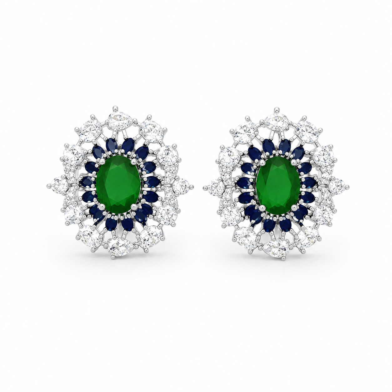 Sovereign Empress Emerald & Blue Stone Halo Earrings