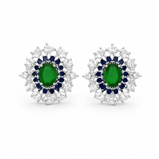 Sovereign Empress Emerald & Blue Stone Halo Earrings