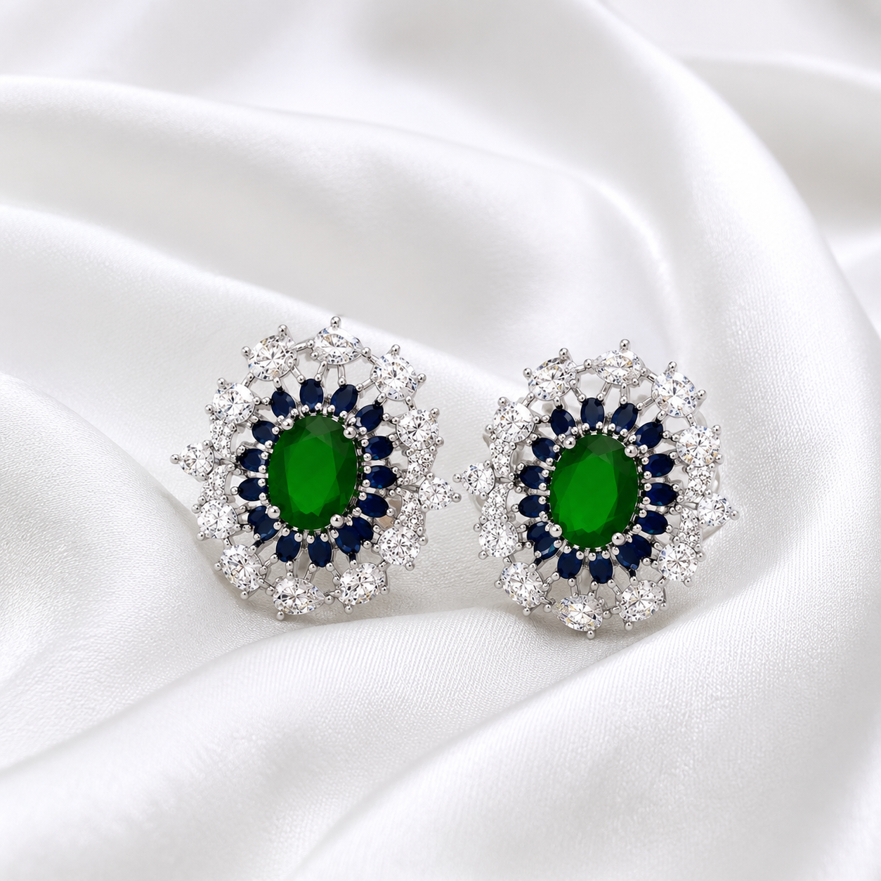 Sovereign Empress Emerald & Blue Stone Halo Earrings