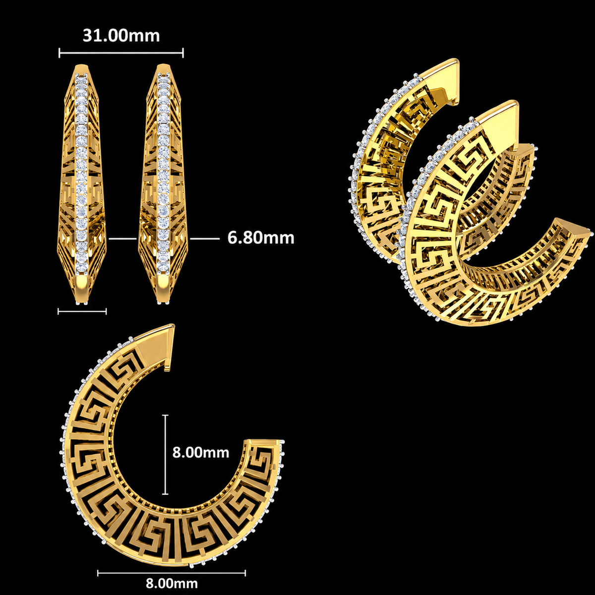 Modern Greek Key Diamond Hoop Earrings