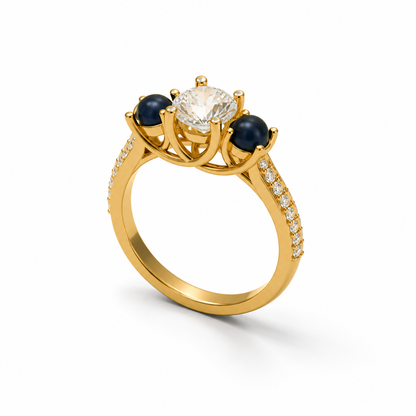 Three-Stone Moti and Diamond Engagement Ring