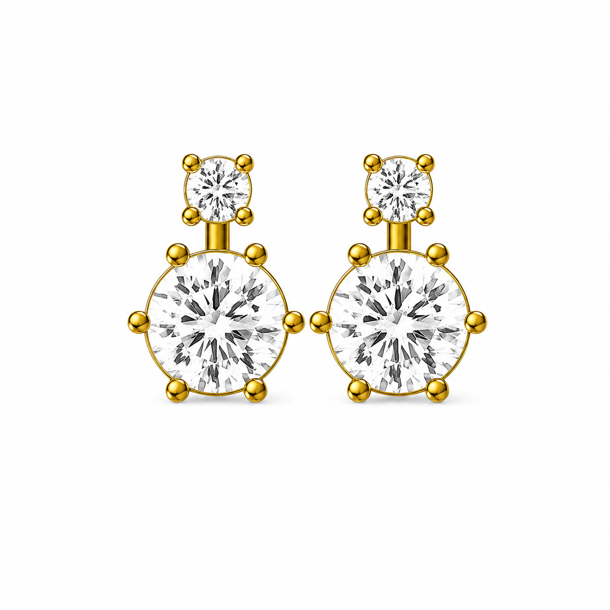 Twin Round Solitaire Diamond Drop Stud Earrings