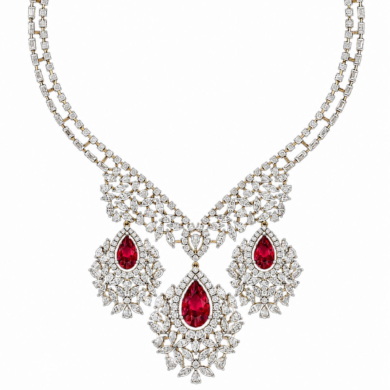 Luxury Bridal Statement Gold Ruby & Diamond Necklace