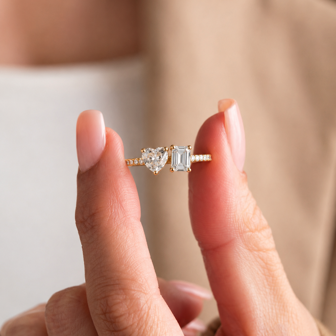 1carat Heart and 90cent Emerald Cut Two Solitaire Diamond Ring