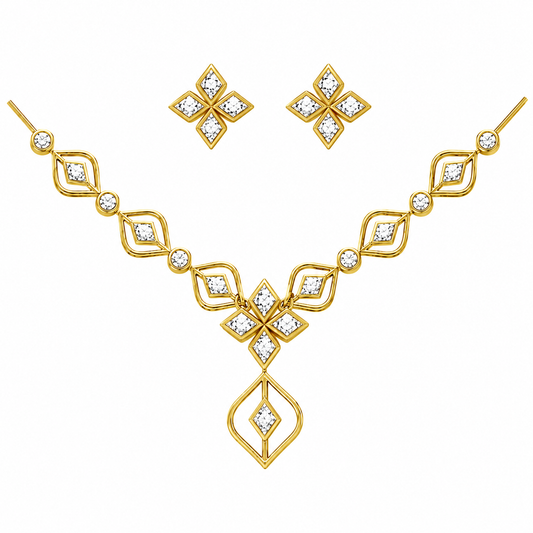 Modern Floral Design Gold Diamond Pendant Set with Earrings