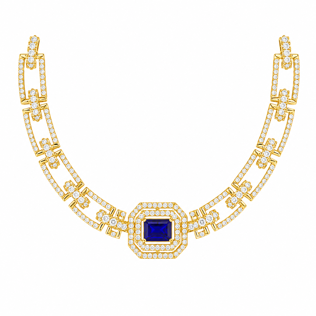 Luxury Gold Diamond Necklace with Blue Sapphire Centerpiece