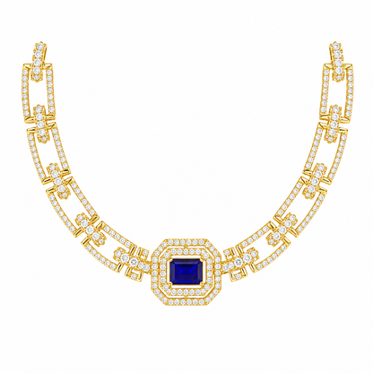 Luxury Gold Diamond Necklace with Blue Sapphire Centerpiece