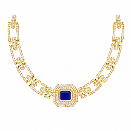 Luxury Gold Diamond Necklace with Blue Sapphire Centerpiece