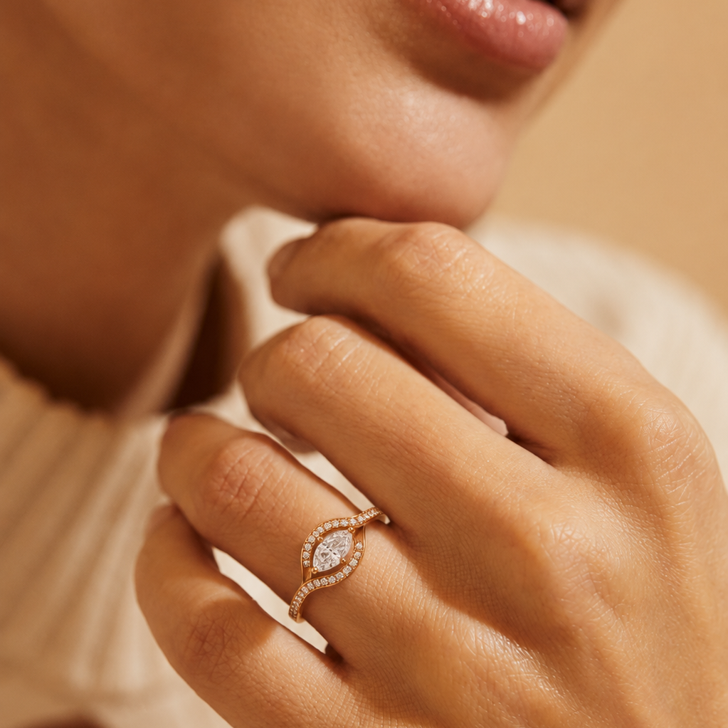 White Halo 0.5CT marquise solitaire pave band ring