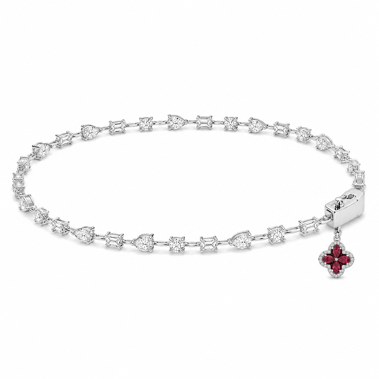 Diamond Mix-Cut Chain Bracelet with Ruby Charm