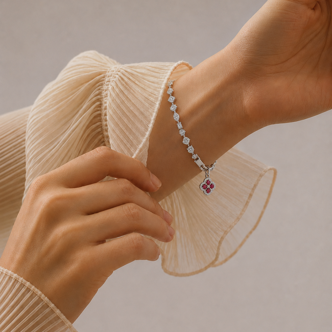 Diamond Mix-Cut Chain Bracelet with Ruby Charm