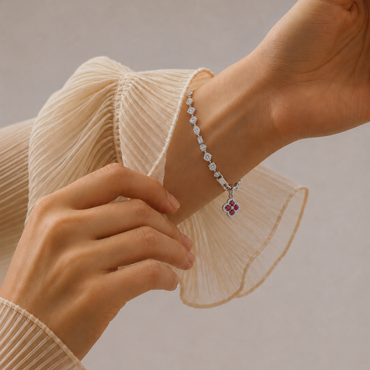 Diamond Mix-Cut Chain Bracelet with Ruby Charm