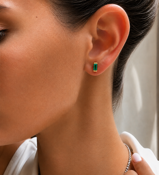 Green Emerald Solitaire Baguette Bezel Studs