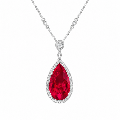 Regal Ruby Drop Pendant with Diamond Halo