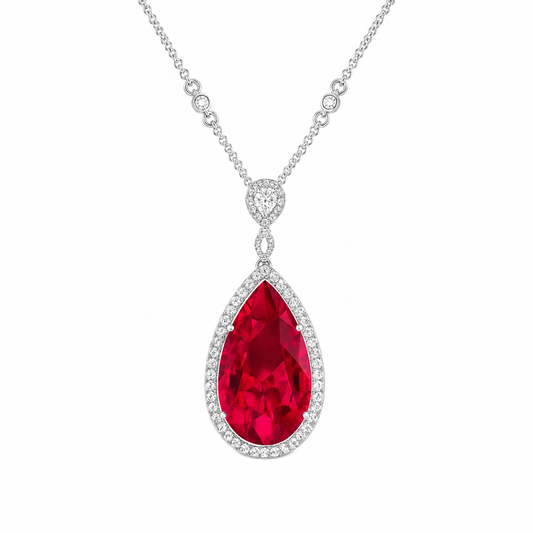 Regal Ruby Drop Pendant with Diamond Halo