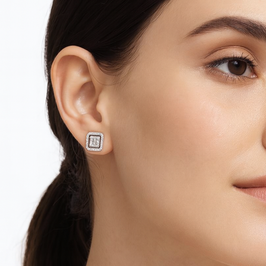 Square Frame Baguette and Round Diamond Stud Earrings