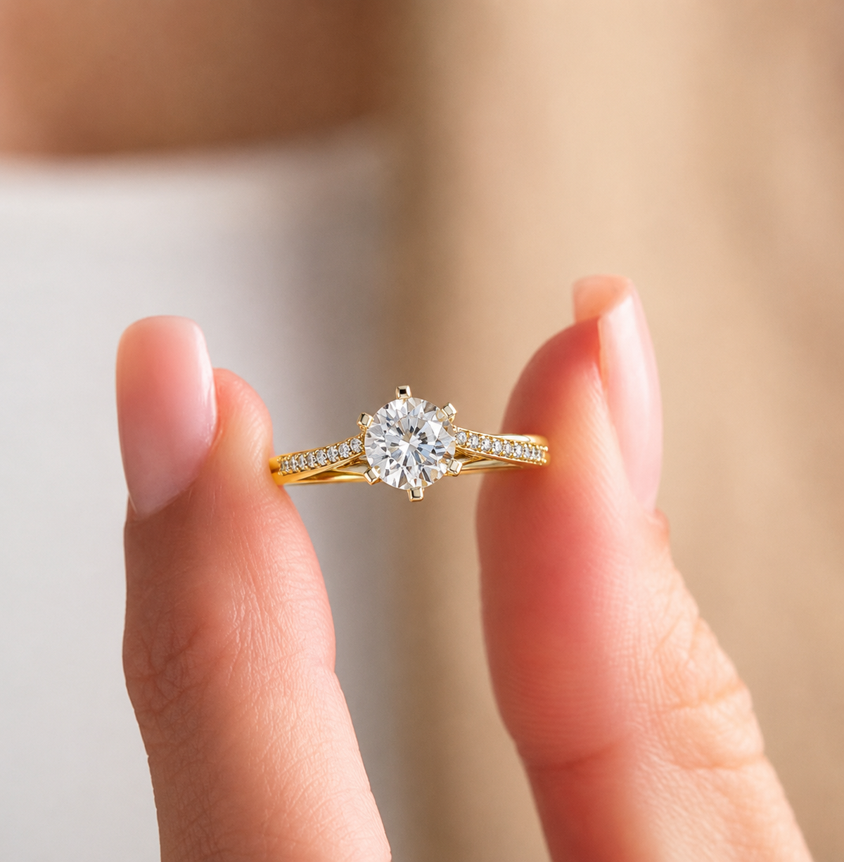 Capture the moment with our Classic Solitaire Diamond Ring, a masterfully crafted piece designed to symbolize enduring love. This ring showcases a brilliant 1.52ct round-cut central diamond held securely in a refined setting, complemented by a sleek, sophisticated gold band adorned with glistening pave-set diamonds. Its clean, architectural lines make it a quintessential choice for those seeking a balance between traditional bridal style and modern luxury.