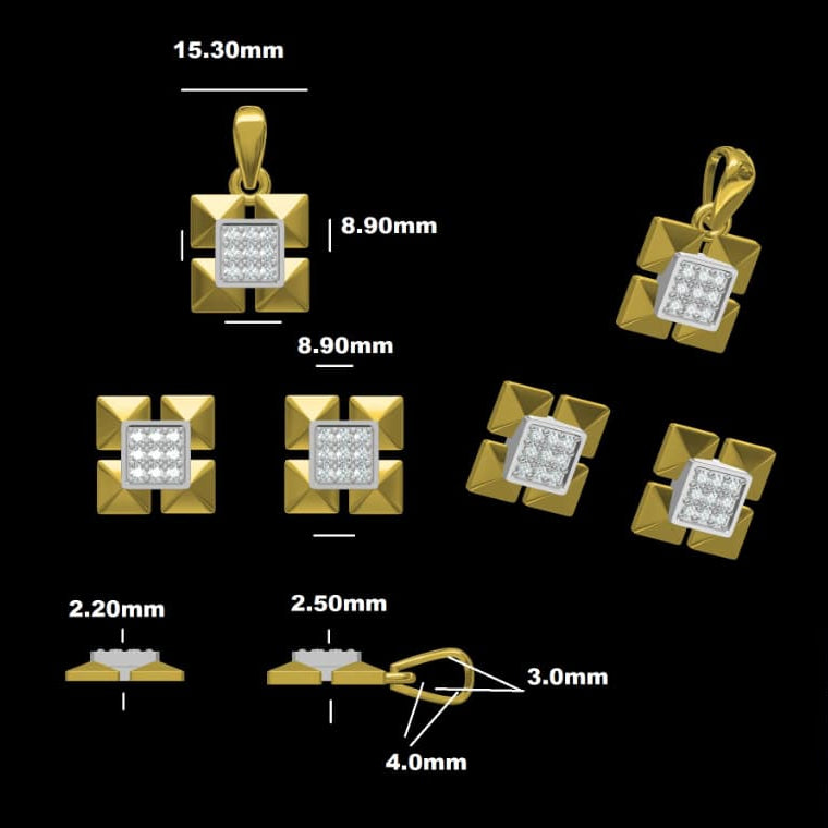 Geometric Diamond Stud Earrings and Matching Pendant Set