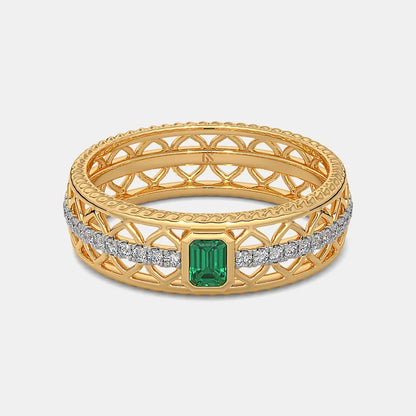 Discover our elegant Emerald and Diamond Filigree Gold Band. Features a 4x3 emerald, 20 accent diamonds, and available in 14K/18K gold.