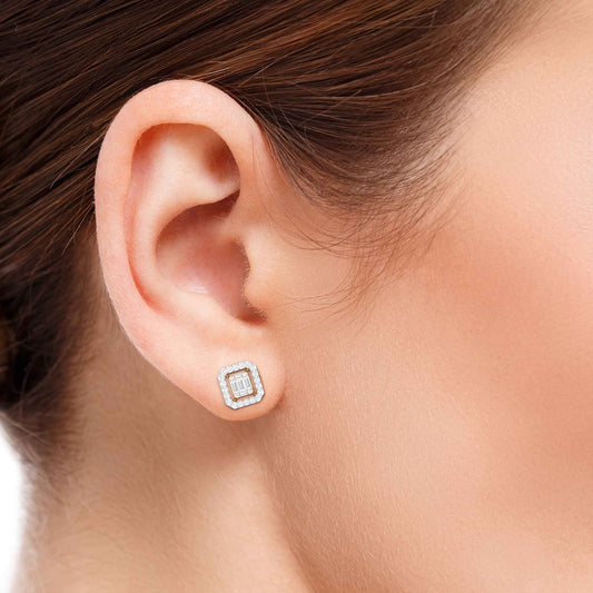 Rectangular Emerald Halo Diamond Stud Earrings
