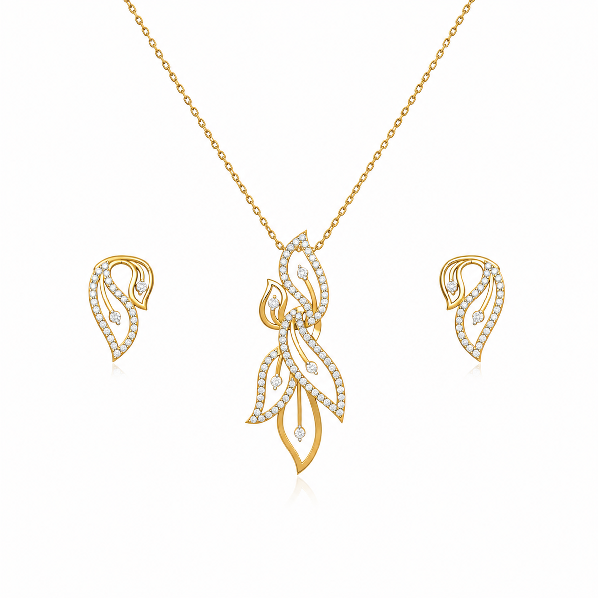 Discover this elegant matching diamond pendant and earring set. Featuring a delicate floral motif with 78 diamonds in the pendant and 54 in the earrings, this premium 14K or 18K gold set is designed for sophistication. Shop handcrafted luxury jewellery online perfect for weddings and special celebrations.