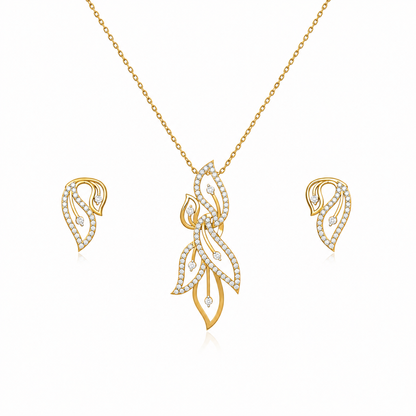 Discover this elegant matching diamond pendant and earring set. Featuring a delicate floral motif with 78 diamonds in the pendant and 54 in the earrings, this premium 14K or 18K gold set is designed for sophistication. Shop handcrafted luxury jewellery online perfect for weddings and special celebrations.