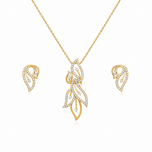 Discover this elegant matching diamond pendant and earring set. Featuring a delicate floral motif with 78 diamonds in the pendant and 54 in the earrings, this premium 14K or 18K gold set is designed for sophistication. Shop handcrafted luxury jewellery online perfect for weddings and special celebrations.