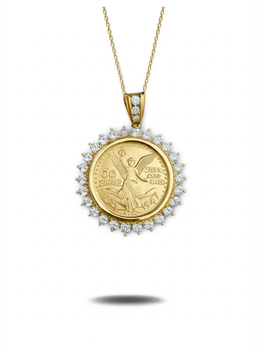 Mexican Coin Halo Large Gold and Diamond Pendant