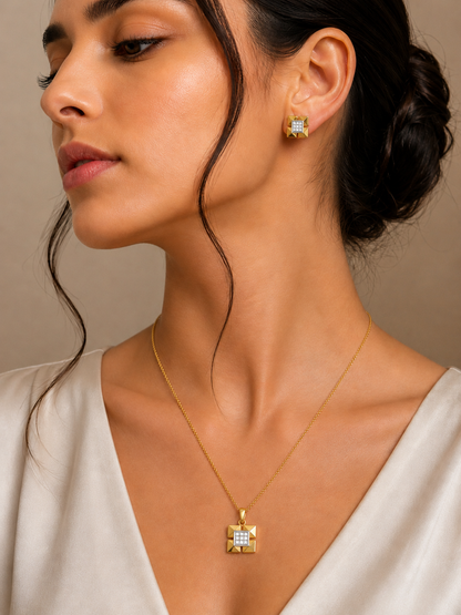 Shop the luxury diamond set: a modern square-frame design featuring 9 precision-set pavé diamonds per piece. Crafted in 14K/18K gold. Perfect for those seeking architectural, high-quality diamond jewellery with a bold, contemporary silhouette.