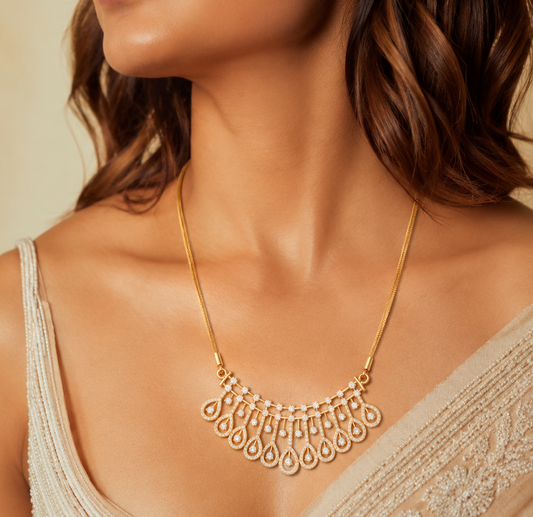 Shop the luxury diamond necklace, featuring an intricate teardrop design with 201 brilliant-cut diamonds. Crafted in 14K/18K gold, this statement choker offers exquisite craftsmanship for bridal or formal occasions. Perfect for those seeking high-carat gold jewellery, artisan diamond pavé settings, and premium wedding accessories.