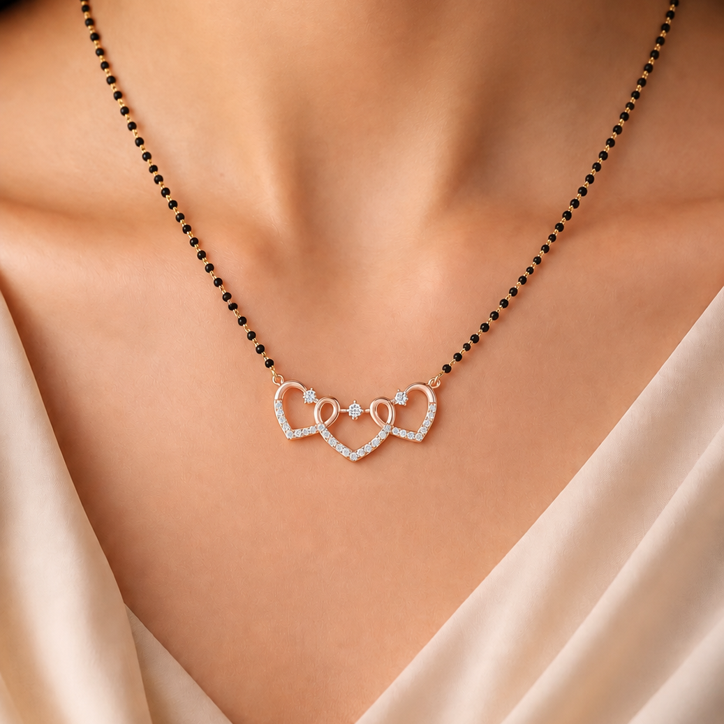 Shop our Heart Interlink Diamond Mangalsutra Pendant online. Featuring 24 brilliant-cut diamonds in 18K & 14K BIS Hallmarked gold. The perfect blend of ethnic, modern, and traditional wear for the contemporary woman. Explore the Everyday Luxury Collection at Tathyaa.