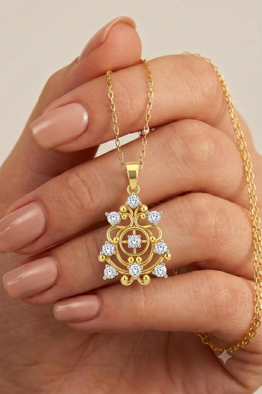 Shop our Vintage Filigree Diamond Pendant online. Featuring 10 brilliant diamonds set in a handcrafted, ornate gold scroll-work design. Perfect as a lightweight diamond pendant for daily ethnic wear or festive occasions. Crafted in 18K & 14K BIS Hallmarked gold, this piece offers the perfect blend of traditional charm and modern elegance. Explore the Classic Heritage Collection at Tathyaa