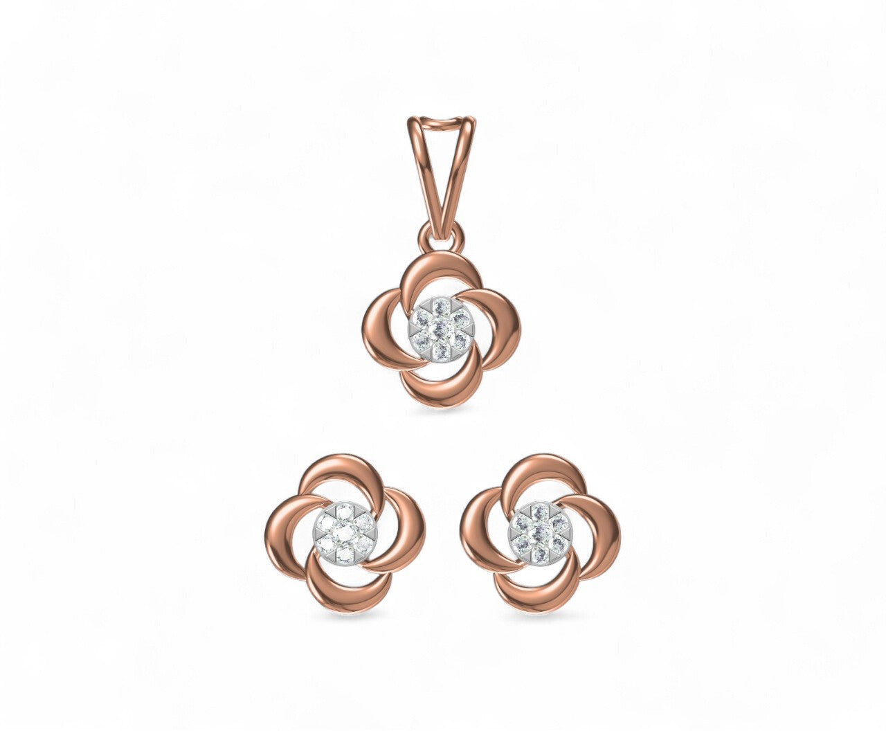 Elegant Rose Gold Floral Diamond Pendant and Earrings Set