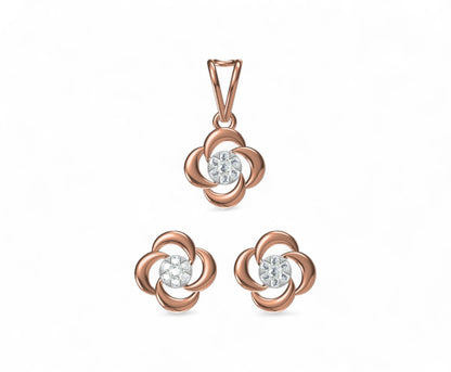 Elegant Rose Gold Floral Diamond Pendant and Earrings Set