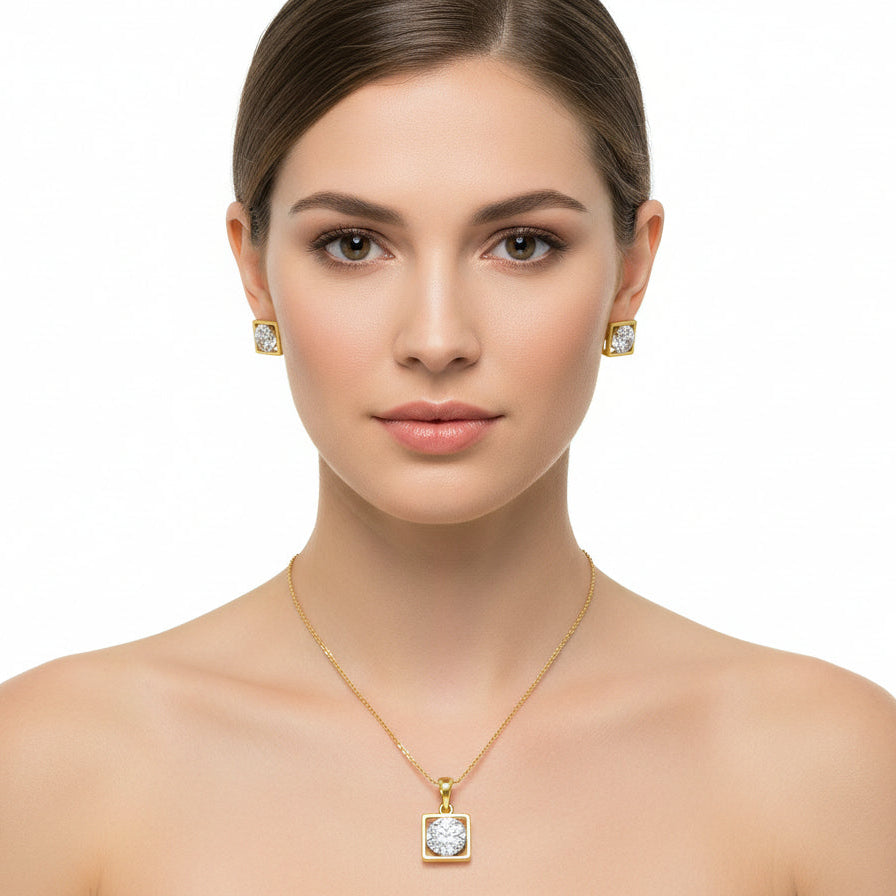 Classic Square Diamond Pendant and Earrings Set