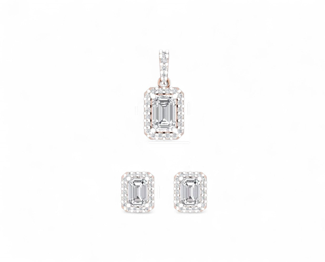 Emerald Cut Halo Diamond Pendant and Earrings Set