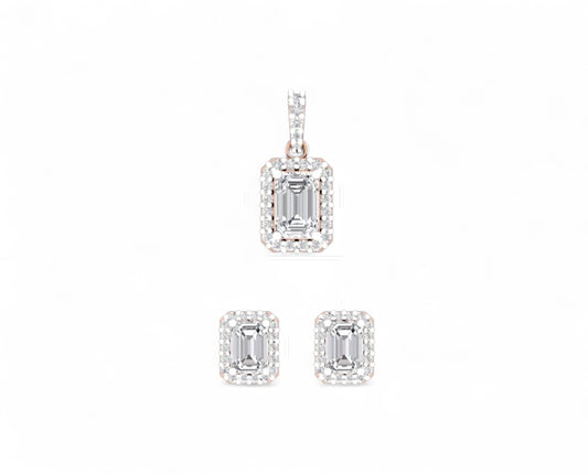 Emerald Cut Halo Diamond Pendant and Earrings Set