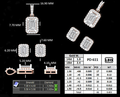 Emerald Cut Halo Diamond Pendant and Earrings Set