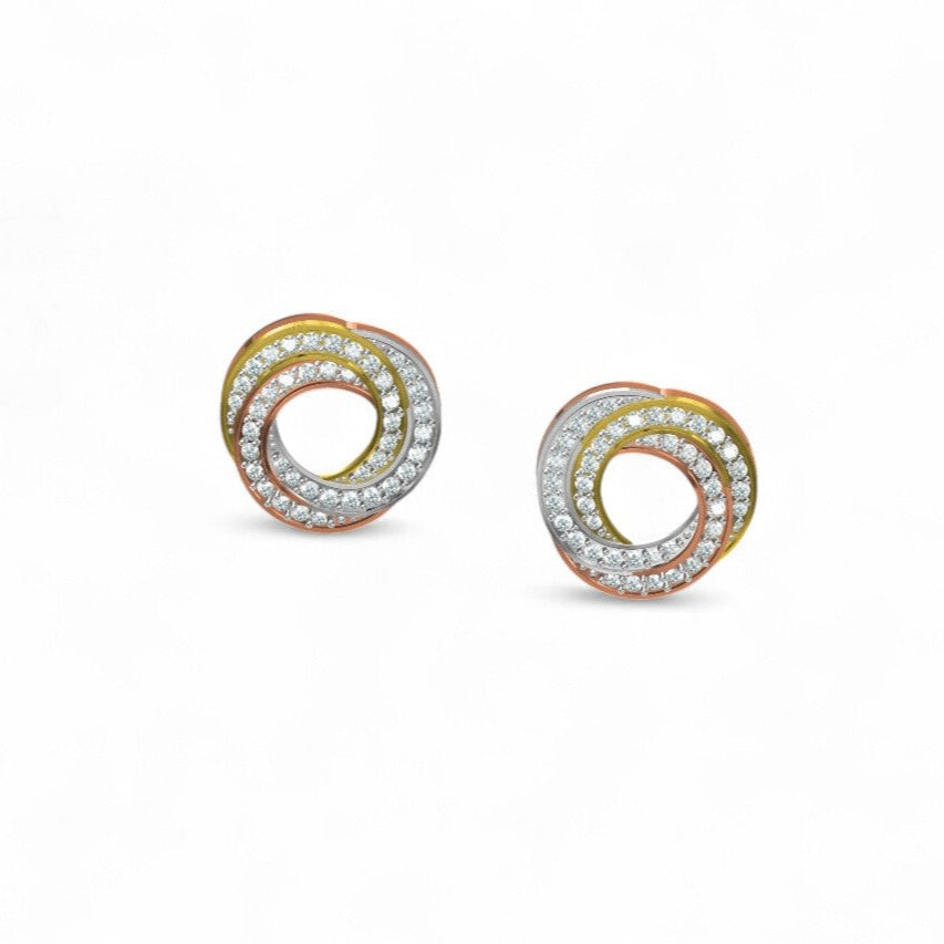 Tri Tone Spiral Diamond Stud Earrings