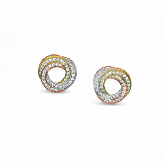 Tri Tone Spiral Diamond Stud Earrings