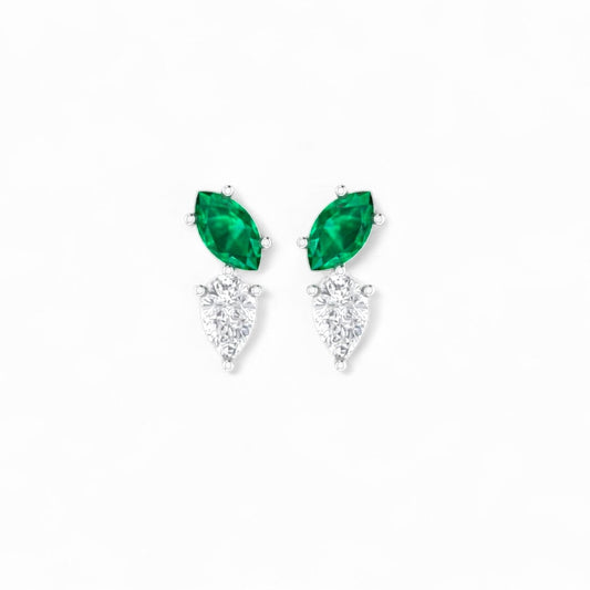 Marquise Emerald and Pear Diamond Stud Earrings